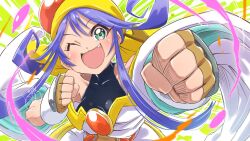 Rule 34 | 1girl, bandana, bare shoulders, blue hair, blush, breasts, fang, fingerless gloves, gloves, green eyes, large breasts, lime (saber j), long hair, looking at viewer, multicolored clothes, one eye closed, open mouth, pomita, saber marionette j, smile, solo, spandex, yellow bandana