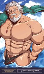 Rule 34 | 1boy, abs, absurdres, arm hair, bara, beard, blue eyes, bulge, cowboy shot, erection, erection under clothes, facial hair, from above, glasses, highres, jacket, jacket on shoulders, jewelry, large pectorals, looking at viewer, male focus, male pubic hair, male underwear, mature male, muscular, muscular male, necklace, original, partially submerged, pectorals, penis, penis peek, pubic hair, rectangular eyewear, smile, solo, sparse arm hair, sparse leg hair, testicles, thick beard, thick mustache, topi (topi5356), topless male, underwear, water, wet, white hair