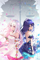 Rule 34 | 2girls, backless dress, backless outfit, balance scale, bare shoulders, black choker, blue eyes, choker, closed mouth, dress, frilled dress, frills, hair between eyes, hand up, itamidome, long hair, looking at viewer, looking back, multicolored hair, multiple girls, official art, original, parted lips, pink hair, purple dress, purple hair, red eyes, silver hair, smile, strapless, strapless dress, twitter username, two-tone hair, very long hair, weighing scale, white dress