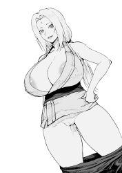 Rule 34 | 1girl, ahemaru, areola slip, breasts, cleavage, cleft of venus, clothes pull, facial mark, feet out of frame, female focus, forehead mark, groin, hand on own hip, henriiku (ahemaru), highres, huge breasts, legs, long hair, looking at viewer, monochrome, naruto, naruto (series), no panties, open mouth, pants, pants pull, pussy, simple background, smile, solo, standing, thighs, tsunade (naruto), uncensored, white background, white hair
