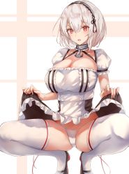 Rule 34 | 1girl, anchor choker, azur lane, bad id, bad pixiv id, black footwear, black skirt, blush, breasts, choker, cleavage, clothes lift, dress, dress lift, hair between eyes, hairband, highres, lace-trimmed hairband, lace trim, large breasts, lifted by self, looking at viewer, open mouth, panties, puffy short sleeves, puffy sleeves, red eyes, ruwoka, short hair, short sleeves, sirius (azur lane), skirt, skirt lift, solo, spread legs, squatting, thighhighs, thighs, underwear, white dress, white hair, white panties, white thighhighs