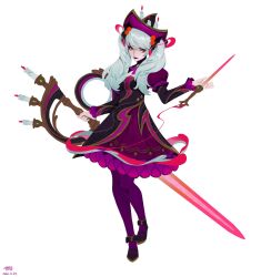 Rule 34 | 1girl, black dress, black footwear, breasts, candle, dated, dress, full body, grey hair, gwen (league of legends), highres, holding, holding needle, holding scissors, league of legends, long hair, medium breasts, needle, oversized object, pantyhose, purple dress, purple lips, purple pantyhose, scissors, sewing needle, shoes, signature, simple background, solo, white background, yaowang, yellow eyes