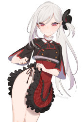 Rule 34 | 1girl, absurdres, beijuu, blue archive, closed mouth, clothes lift, cowboy shot, flower, frilled skirt, frills, grey hair, hair flower, hair ornament, highres, lifted by self, long hair, looking at viewer, mutsuki (blue archive), panties, red eyes, short sleeves, side-tie panties, simple background, skirt, skirt lift, smile, solo, underwear, white background, wide sleeves