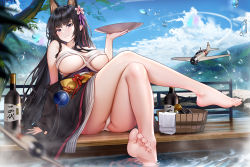 Rule 34 | 1girl, aircraft, airplane, akagi (warship girls r), animal ear fluff, animal ears, barefoot, black hair, breasts, brown eyes, cleavage, feet, fighter jet, flower, hair flower, hair ornament, hbb, japanese clothes, jet, kimono, large breasts, legs, long hair, looking at viewer, military, military vehicle, no bra, open clothes, open kimono, panties, sitting, smile, soles, solo, underwear, warship girls r, water, wide sleeves