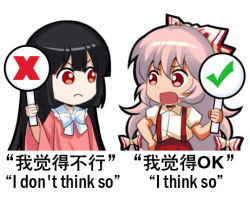 Rule 34 | 2girls, bilingual, black hair, bow, chinese text, closed mouth, english text, fujiwara no mokou, grey hair, hair bow, hand on own hip, holding, holding sign, houraisan kaguya, jokanhiyou, long hair, looking at another, lowres, mixed-language text, multiple girls, open mouth, red eyes, sign, touhou, translation request, upper body, white bow