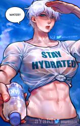 Rule 34 | 1girl, abs, ayaki blade, blue eyes, blue sky, blush, bottle, breasts, clothes writing, english text, highres, large breasts, lips, looking at viewer, muscular, muscular female, navel, original, parted lips, shirt, short hair, sky, solo, speech bubble, stay hydrated, sweat, tied shirt, toned, twitter username, water, water bottle, wet, wet clothes, wet shirt, white hair