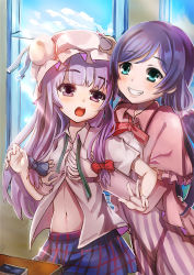 Rule 34 | 2girls, blunt bangs, bow, collared shirt, cosplay, costume switch, crossover, grabbing, grabbing another&#039;s breast, green eyes, grin, hair bow, long hair, love live!, love live! school idol project, mix (meini), multiple girls, navel, patchouli knowledge, patchouli knowledge (cosplay), purple eyes, purple hair, shirt, skirt, smile, tojo nozomi (cosplay), touhou, tojo nozomi, twintails, untied, w, yuri