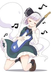 Rule 34 | 1girl, black hairband, black neckwear, black socks, blush, bow, breasts, brown footwear, closed eyes, closed mouth, collared shirt, commentary request, electric guitar, eyelashes, frilled skirt, frills, full body, green skirt, green vest, guitar, hairband, highres, hitodama, holding, holding instrument, instrument, kneeling, konpaku youmu, loafers, long sleeves, medium breasts, miniskirt, musical note, shadow, shirt, shoes, short hair, silver hair, simple background, skirt, smile, socks, solo, stigma1101, sweatdrop, touhou, vest, white background, wing collar, wrist cuffs
