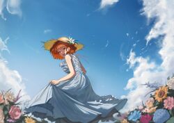 Rule 34 | 1girl, absurdres, blue dress, blue flower, blue ribbon, blue sky, brown eyes, cloud, day, dress, feet out of frame, flower, hat, hat flower, highres, l3lacky623, looking at viewer, mole, mole under eye, open mouth, orange hair, original, outdoors, pink flower, ribbon, short hair, skirt hold, sky, sleeveless, sleeveless dress, smile, solo, straw hat, teeth, white flower, yellow flower, yellow hat