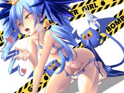 Rule 34 | 1girl, absurdres, blackxxx, blue hair, bombergirl, bra, breasts, cupless bra, dark blue hair, drill hair, fangs, heart, heart tattoo, highres, lewisia aquablue, licking, navel, pointy ears, pubic tattoo, small breasts, small nipples, swimsuit, tail, tattoo, twin drills, twintails, underwear, yellow eyes