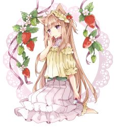 Rule 34 | 1girl, animal ears, bad id, bad pixiv id, bare shoulders, barefoot, beige blouse, blouse, blush, cat ears, commentary, covered mouth, cream, cream on face, eating, flower, food, food-themed hair ornament, food on face, fruit, full body, hair ornament, head tilt, highres, holding, holding food, layered clothes, light brown hair, long hair, original, pink skirt, pleated skirt, puffy short sleeves, puffy sleeves, purple eyes, purple ribbon, ribbon, shirt, short sleeves, sitting, skirt, solo, strawberry, strawberry hair ornament, tsukiyo (skymint), tube, turtleneck, very long hair, white background, white flower