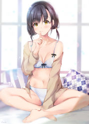 Rule 34 | 1girl, argyle, bad id, bad pixiv id, bare legs, bare shoulders, barefoot, bed sheet, blue bra, blue panties, blush, bow, bow bra, bra, brown eyes, brown hair, brown jacket, closed mouth, collarbone, commentary request, crossed ankles, day, hair between eyes, hand up, index finger raised, jacket, looking at viewer, low twintails, md5 mismatch, navel, off shoulder, open clothes, open jacket, original, panties, pillow, polka dot, polka dot bra, polka dot panties, resolution mismatch, sitting, solo, striped, suihi, sunlight, twintails, underwear, vertical stripes, window