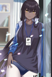 Rule 34 | 1girl, alternate costume, alternate hairstyle, black hair, blue archive, cameo, commentary request, dark-skinned female, dark skin, english text, gaitoou, gym shorts, gym uniform, highres, jacket, jersey, karin (blue archive), lanyard, long hair, office, open clothes, open jacket, pantyhose, photo (object), shorts, smile, solo, yellow eyes, yuuka (blue archive)
