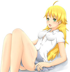 Rule 34 | 00s, 1girl, ahoge, blonde hair, breasts, covered erect nipples, female focus, green eyes, hoshii miki, idolmaster, idolmaster (classic), idolmaster 1, long hair, non-web source, shirt, simple background, small breasts, solo, white shirt