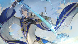 Rule 34 | 1boy, absurdres, arm up, artist logo, black gloves, blue eyes, blue hair, blue sky, coat, commentary, cowboy shot, diffraction spikes, genshin impact, gloves, hair between eyes, half gloves, highres, holding, holding sword, holding weapon, kamisato ayato, looking at viewer, male focus, medium hair, mole, mole under mouth, parted lips, sky, solo, spade-m, standing, sword, water, weapon, white coat