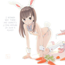 Rule 34 | 1girl, :o, all fours, animal ears, arched back, bikini, blush, bow, bowtie, brown eyes, brown hair, carrot, english text, flat chest, footwear bow, hair bow, hard-translated, kneehighs, kokudou juunigou, looking at viewer, mary janes, open mouth, original, petite, pink bow, pink footwear, plaid, plaid bow, plaid bowtie, rabbit ears, rabbit tail, shoes, side-tie bikini bottom, sidelocks, signature, simple background, socks, solo, swimsuit, tail, third-party edit, translated, white background, white bikini, white bow, white socks, wrist cuffs