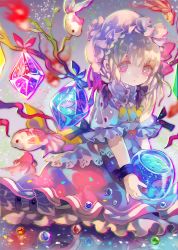 Rule 34 | 1girl, adapted costume, ascot, blonde hair, cha goma, fish, fishbowl, flandre scarlet, goldfish, hat, highres, mob cap, pink eyes, puffy short sleeves, puffy sleeves, ribbon, shirt, short sleeves, side ponytail, skirt, solo, touhou, wings, wrist ribbon
