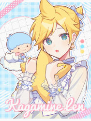 Rule 34 | + +, 2boys, :o, blonde hair, blue background, blue bow, blue eyes, blue hair, bow, character name, checkered background, cloud, collar, earrings, frilled collar, frilled sleeves, frilled wrist cuffs, frills, grid background, hair bow, hands up, highres, holding, holding pillow, jewelry, kagamine len, kiki (little twin stars), long sleeves, looking at viewer, multiple boys, parted lips, pillow, project sekai, sanrio, see-through, see-through sleeves, short hair, star (symbol), star earrings, upper body, vocaloid, waka (wk4444), wrist cuffs, yellow nails