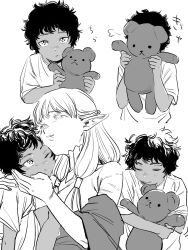 Rule 34 | 1boy, 1girl, affectionate, aged down, bare shoulders, cheek press, child, covered face, dark-skinned male, dark skin, dungeon meshi, elf, eyelashes, hair over shoulder, hair tubes, hands up, highres, holding, holding stuffed toy, kabru, long hair, looking ahead, looking at viewer, low-tied long hair, milsiril (dungeon meshi), mother and son, multiple scars, one eye closed, pointy ears, scar, scar on arm, shawl, shirt, short hair, short sleeves, sibelius, sleeveless, smile, stuffed animal, stuffed toy, t-shirt, teddy bear