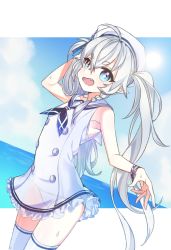 Rule 34 | 1girl, ahoge, alternate costume, angellyuna, blue eyes, blue sky, braid, buttons, day, dress, elsword, fang, hair between eyes, hat, highres, luciela r. sourcream, ocean, pointy ears, sailor dress, sailor hat, see-through, silver hair, sky, swimsuit, symbol-shaped pupils, thighhighs, twintails, wristband