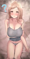 Rule 34 | 1girl, ?, absurdres, ashulunlun, blush, breasts, camisole, cleavage, collarbone, feet out of frame, grey camisole, grey panties, groin, highres, holding own arm, idolmaster, idolmaster shiny colors, large breasts, light brown hair, looking at viewer, looking up, medium hair, midriff, navel, nose blush, panties, ribbed camisole, sakuragi mano, shadow, sitting, solo, strap slip, string panties, underwear, underwear only