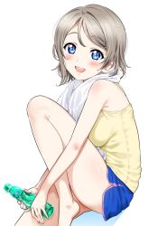 Rule 34 | 10s, 1girl, blue eyes, blush, bottle, breasts, grey hair, hair between eyes, knees up, looking at viewer, love live!, love live! sunshine!!, medium breasts, open mouth, ramune, sankuro (agoitei), short hair, short shorts, shorts, simple background, sitting, solo, sweat, tagme, teeth, towel, towel around neck, upper teeth only, watanabe you, wet, wet hair, white background