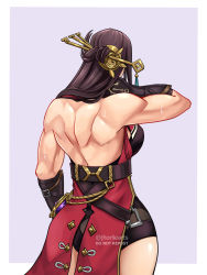 Rule 34 | 1girl, absurdres, back, back focus, bare shoulders, beidou (genshin impact), border, brown gloves, brown hair, coattails, eyepatch, from behind, genshin impact, gloves, hair ornament, hair over shoulder, hair stick, hairpin, highres, jhorliearts, long hair, muscular, muscular female, purple background, simple background, sweat, white border