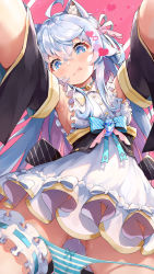 Rule 34 | 1girl, :q, ahoge, animal ear fluff, animal ears, armpits, bell, black sleeves, blue eyes, blue hair, blush, bow, bow panties, breasts, bridal garter, buttons, catxuan, closed mouth, commentary request, cowboy shot, crossed bangs, detached sleeves, dress, foreshortening, frilled dress, frills, from below, hair ornament, heart, heart-shaped pupils, heart background, highres, kagura nana, lipgloss, long hair, long sleeves, looking at viewer, looking down, multicolored hair, nanakagu karatou ch, neck bell, panties, panty pull, pink hair, pussy juice, reaching, reaching towards viewer, red background, sideboob, sidelocks, silver hair, simple background, sleeveless, sleeveless dress, solo, striped clothes, striped panties, symbol-shaped pupils, tongue, tongue out, underwear, virtual youtuber, white bow, white dress