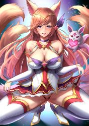 Rule 34 | 1girl, ahri (league of legends), animal ears, blue eyes, boots, breasts, choker, cleavage, cleavage cutout, clothing cutout, detached sleeves, fingernails, fox ears, fox tail, full body, hair ornament, hairband, hand on own hip, high heel boots, high heels, highres, league of legends, long hair, looking at viewer, magical girl, mascot, medium breasts, multiple tails, pink hair, skirt, smirk, solo, standing, star guardian (league of legends), star guardian ahri, tail, thigh boots, thighhighs