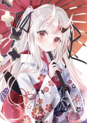 Rule 34 | 1girl, absurdres, commentary request, demon horns, floral print kimono, hair ribbon, highres, holding, holding umbrella, hololive, horns, japanese clothes, kimono, long hair, multicolored hair, nakiri ayame, oil-paper umbrella, oni, red eyes, red umbrella, ribbon, solo, streaked hair, twintails, umbrella, uyuwu3, virtual youtuber, white hair
