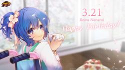 Rule 34 | blue eyes, blue hair, blurry, bow, bracelet, cake, character name, copyright notice, cup, dated, depth of field, flower, food, fruit, hair between eyes, hair flower, hair ornament, happy birthday, holding, holding cup, jewelry, kotsuru kari, logo, looking at viewer, looking back, mahjong soul, nanami reina, official art, official wallpaper, petals, pink bow, shirt, sitting, strawberry, strawberry shortcake, table, wheelchair, white shirt, window, yostar