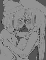 Rule 34 | 2girls, arched back, artist name, bare arms, bare shoulders, beanie, blush, braid, commentary request, creatures (company), dated, dress, eye contact, food, from side, game freak, grey background, greyscale, half-closed eyes, hand on another&#039;s shoulder, hat, hug, lillie (pokemon), long hair, looking at another, monochrome, mouth hold, multiple girls, nintendo, notori d, open mouth, pocky, pocky day, pocky kiss, pokemon, pokemon sm, profile, selene (pokemon), shared food, short hair, simple background, sleeveless, sleeveless dress, sun hat, twin braids, upper body, yuri