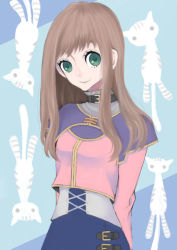 Rule 34 | arms behind back, belt, blue dress, brown hair, cat, choker, cross-laced clothes, dress, green eyes, hakuto ibuki, jacket, long hair, long sleeves, looking at viewer, sidelocks, simple background, smile, solo, sophia esteed, star ocean, star ocean till the end of time, upper body