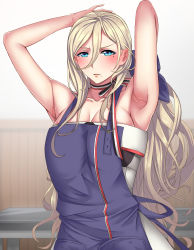 Rule 34 | 1girl, absurdres, apron, armpits, arms up, blonde hair, blue eyes, blush, bow, breasts, cleavage, collarbone, commentary request, hair bow, highres, huge breasts, kantai collection, kome cola, long hair, looking at viewer, mole, mole under eye, richelieu (kancolle), solo, very long hair