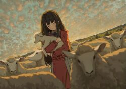 Rule 34 | 1girl, absurdres, animal, animal hug, belt, black hair, blue ribbon, blue sky, blurry, closed eyes, cloud, cloudy sky, commentary request, depth of field, highres, inoue takina, long hair, long sleeves, lycoris recoil, mochi (m0chi0000), neck ribbon, outdoors, red belt, red shirt, red skirt, ribbon, sheep, shirt, skirt, sky, smile, solo