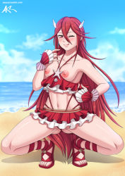 Rule 34 | 10s, 1girl, 2018, akazai, beach, bikini, breasts, cordelia (fire emblem), feet, fire emblem, fire emblem awakening, frilled swimsuit, frills, hair between eyes, hair ornament, hair wings, highres, long hair, nintendo, nipples, one eye closed, red bikini, sand, sandals, shiny skin, smile, squatting, swimsuit, thighs, toes, tongue, tongue out, very long hair, water, wink