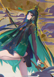 Rule 34 | 1girl, black footwear, black gloves, china dress, chinese clothes, chromatic aberration, closed mouth, dress, fingerless gloves, gloves, green eyes, green hair, hair between eyes, hair ornament, highres, holding, holding polearm, holding weapon, long hair, long sleeves, looking at viewer, niaodao zhenjun, polearm, punishing: gray raven, qu (punishing: gray raven), shoe soles, shoes, solo, weapon