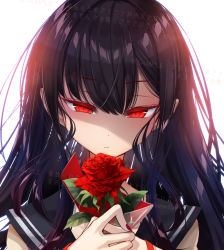 Rule 34 | 1girl, artist name, black hair, blue sailor collar, blush, borrowed character, brown shirt, closed mouth, cluseller, commission, cropped, female focus, flower, half-closed eyes, hands up, holding, holding flower, japanese text, light blush, long hair, long sleeves, looking at viewer, nail polish, original, own hands together, portrait, red eyes, red flower, red nails, red rose, rose, sailor collar, sample watermark, school uniform, serafuku, shirt, simple background, slit pupils, solo, straight-on, translation request, upper body, watermark, white background