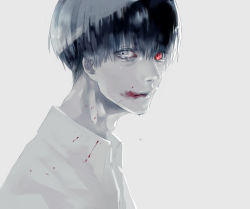 Rule 34 | 1boy, black hair, blood, blood from mouth, blood on clothes, blood on face, closed mouth, collared shirt, colored skin, commentary request, from side, grey background, grey eyes, grey skin, highres, kaneki ken, koujima shikasa, looking at viewer, male focus, shirt, short hair, simple background, solo, spot color, tears, tokyo ghoul, upper body