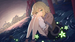 Rule 34 | 1girl, architecture, arm warmers, black skirt, blonde hair, bridge, brown jacket, building, closed mouth, east asian architecture, garasuno, green eyes, jacket, looking at viewer, mizuhashi parsee, outdoors, pleated skirt, pointy ears, short hair, short sleeves, sitting, skirt, solo, touhou, water