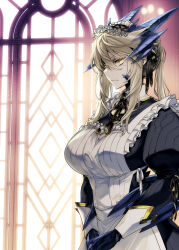 Rule 34 | 1girl, alternate costume, apron, artoria pendragon (fate), artoria pendragon (lancer alter) (fate), black dress, blonde hair, braid, breasts, dark persona, dress, enmaided, fate/grand order, fate (series), french braid, frilled apron, frills, highres, ishida akira, juliet sleeves, large breasts, long sleeves, looking at viewer, maid, maid headdress, puffy short sleeves, puffy sleeves, short sleeves, solo, upper body, white apron, yellow eyes