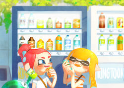 Rule 34 | 2girls, :d, absurdres, artist name, blonde hair, blue eyes, blunt bangs, blush, can, can to cheek, closed eyes, commentary request, drink can, fangs, happy, high ponytail, highres, holding, holding can, inkling, inkling girl, inkling player character, jellyfish (splatoon), long hair, looking at another, multiple girls, nintendo, octoling, octoling girl, octoling player character, open mouth, outdoors, pointy ears, ponytail, red hair, ringtoon e, shirt, shoulder strap, smile, splatoon (series), striped clothes, striped shirt, suction cups, sweat, tentacle hair, upper body, vending machine, white shirt