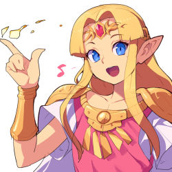 Rule 34 | 1girl, armor, blonde hair, blue eyes, blunt bangs, dress, elf, finger gun, fire, fire, grin, hand up, happy, long hair, looking at viewer, music, nintendo, open mouth, parted bangs, pointy ears, princess zelda, shoulder armor, sidelocks, singing, smile, solo, song note, standing, super smash bros., the legend of zelda, the legend of zelda: a link between worlds, upper body, white dress