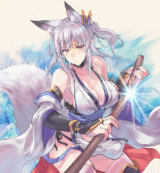 Rule 34 | 1girl, animal ear fluff, animal ears, bare shoulders, black gloves, black panties, blue nails, boots, braid, breasts, brown eyes, cleavage, closed mouth, commentary request, detached sleeves, dress, elbow gloves, extra ears, fox ears, fox girl, fox tail, gloves, hair ornament, holding, holding sword, holding weapon, japanese clothes, large breasts, looking at viewer, medium hair, microdress, nail polish, original, panties, sash, sawaya (mizukazu), short ponytail, side-tie panties, sidelocks, silver hair, solo, sparkle, standing, sword, tail, thigh boots, thighhighs, underwear, wakizashi, weapon, white dress, white sleeves, white thighhighs