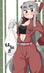 Rule 34 | 1girl, bag, bamboo, bamboo forest, bandeau, belt, blush, breasts, eyebrows, forest, fujiwara no mokou, gloves, grin, hand on own hip, highres, jumpsuit, long hair, looking at viewer, medium breasts, nature, navel, open clothes, red eyes, silver hair, smile, solo, takeu, thick eyebrows, touhou, unzipped, very long hair