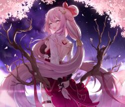 Rule 34 | 1girl, :d, absurdres, arms behind back, backless dress, backless outfit, bell, branch, breasts, cloud, commentary request, dress, elysia (honkai impact), flower, gr greeze, hair bell, hair between eyes, hair flower, hair ornament, hair ribbon, highres, holding another&#039;s wrist, honkai (series), honkai impact 3rd, long hair, long sleeves, looking at viewer, looking to the side, medium breasts, night, night sky, open mouth, pink hair, pointy ears, puffy long sleeves, puffy sleeves, purple dress, purple eyes, red flower, red ribbon, ribbon, sky, smile, solo, star (sky), starry sky, very long hair, white flower