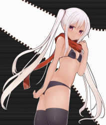 Rule 34 | 1girl, absurdres, ass, bikini, black bikini, breasts, highres, long hair, looking back, michu love, original, red eyes, red scarf, scarf, small breasts, solo, standing, swimsuit, tan, twintails, very long hair, white hair