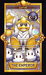 Rule 34 | ball, beak, beanie, black border, black eyes, blush stickers, border, commentary, crescent, english commentary, english text, fur-trimmed robe, fur-trimmed sleeves, fur trim, gloves, gordo, hammer, holding, holding ball, holding hammer, king dedede, kirby (series), limited palette, long sleeves, looking at viewer, male focus, nintendo, no humans, no mouth, open clothes, open mouth, open robe, pom pom (clothes), pom pom beanie, quas-quas, robe, sitting, smash ball, smile, solo focus, star (symbol), super smash bros., tarot, the emperor (tarot), triangle print, v-shaped eyes, waddle dee, yellow gloves