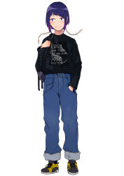 Rule 34 | 1girl, alternate costume, audio jack, bag, black footwear, black shirt, boku no hero academia, casual, closed mouth, clothes writing, commentary request, denim, diagonal bangs, earplugs, english text, full body, hand in pocket, highres, holding, holding bag, jeans, jirou kyouka, kobaji, long sleeves, pants, pants rolled up, purple eyes, purple hair, shirt, shirt tucked in, simple background, smile, solo, two-tone footwear, white background, yellow footwear