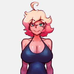 Rule 34 | 1girl, absurdres, blonde hair, blue tank top, borrowed character, breasts, cleavage, collarbone, commentary, cosmikaizer, cowlick, english commentary, green eyes, grey background, highres, large breasts, original, pink hair, short hair, smile, solo, tank top, upper body